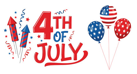 Fototapeta premium Vector festive fourth of july design with rockets, streamers, balloons, and holiday themed lettering art on transparent background