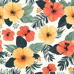 Vibrant floral pattern with hibiscus flowers and tropical leaves.