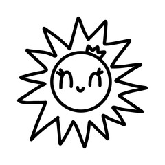 Cute kawaii sun with a happy face, eyelashes, and crown. Hand-drawn doodle style in black line. Perfect for kids designs, coloring pages, nursery art, summer themes, stickers, and prints. Vector art
