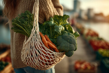 Young adult carries reusable net bag filled with fresh vegetables at market