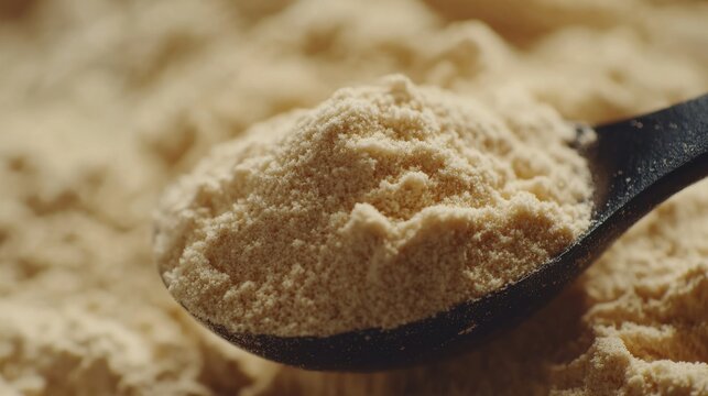 Measuring spoon filled with vanilla protein powder