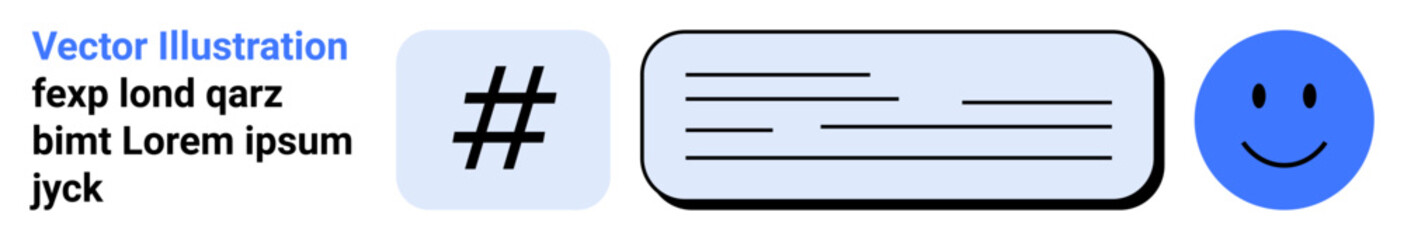 metadata tag, text block, and blue happy face arranged horizontally. Ideal for social media, content sharing, engagement, hashtags, user interaction, positivity simple landing page