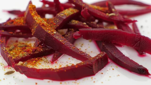 Adding Spices To Chopped Beets On A Clean White Surface