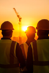 Construction Workers at Sunset: A group of workers wearing hard hats oversee a construction site against a vibrant sunset. The city skyline adds depth.