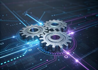 "Metallic Gears Cogs on Glowing Blue Purple Digital Network Abstract Technology System Process Concept I01""Metallic Gears on Futuristic Glowing Digital Network Interface, Blue Purple Abstract Tech 