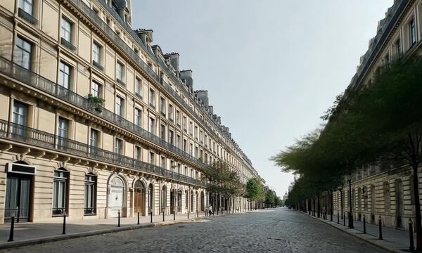 Elegant symmetrical Parisian Haussmann boulevard in soft morning light with empty quiet street