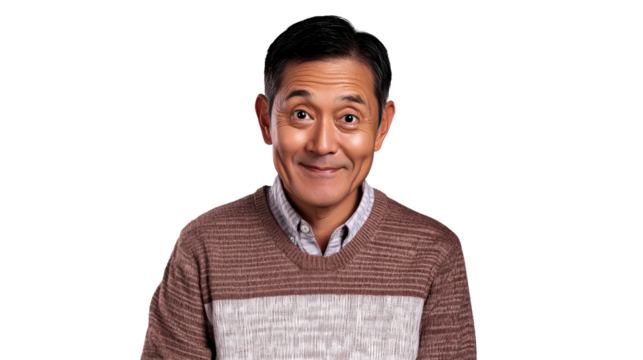Asian man with casual expression wearing sweater, cut out transparent