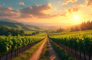 Fototapeta premium Vineyard illustration in morning with beautiful view of scattered clouds, sun. Green vineyard rows, road, hills, valley, trees, mountains at sunrise. Agriculture, farming, wine production, eco