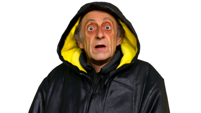 Astonished senior man with black raincoat, cut out transparent