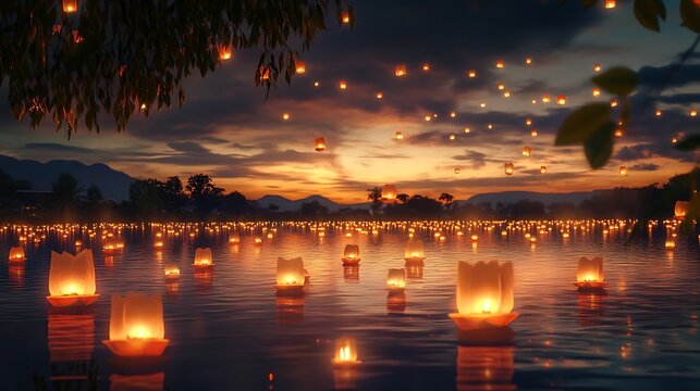 Many floating lanterns light up a tranquil evening lake.