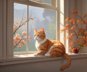 The furry red cat sits peacefully on the windowsill, bathed in warm sunlight, with autumn branches outside the window 