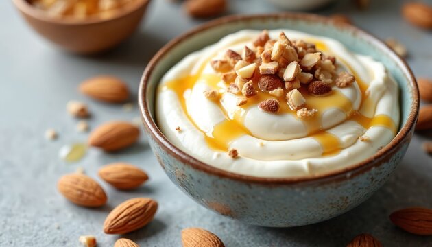 Creamy yogurt topped with nuts and honey in rustic bowl. Almonds scattered on table. Delicious, healthy snack, breakfast or dessert. Natural ingredients, wholesome, simple, artisan food.