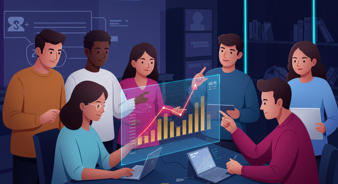 Diverse Business Team Analyzing Data Around Digital Interface in Modern Office Setting - Powered by Adobe