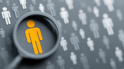 A symbolic image illustrating HR and CRM strategy, featuring a yellow human icon highlighted by a magnifying glass among white icons on a grey background. Generative AI