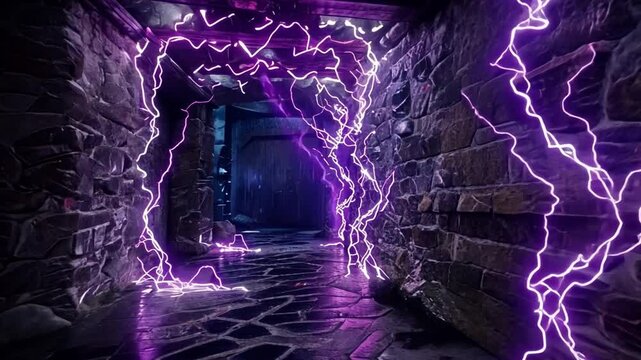 Mystical corridor with textured stone walls and dark wooden door, illuminated by vibrant purple lightning, creates enchanting atmosphere filled with intrigue and electric energy.