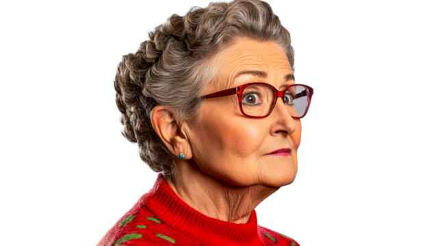 Senior woman with gray hair, red glasses, profile view, cut out transparent - Powered by Adobe