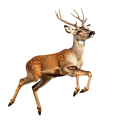 Fototapeta premium Jumping deer, A young deer leaps joyfully through a forest, showcasing its playful energy and vibrant spirit in the morning light, isolated on transparent background