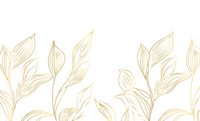 Gold line leaf art vector pattern background. Art deco plant texture and elegant japanese graphic design. Organic exotic drawing and boho flora garden vector illustration