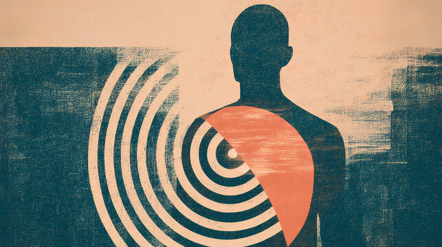 Una silueta humana transparente en un ambiente cuantico azul de su pecho irradia una luz blanca en forma de espiral. Spatial Echo. Illustration
