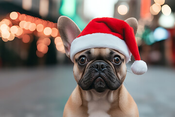 Festive Fawn Frenchie: A fawn-colored French Bulldog puppy sports a Santa hat amidst a backdrop of blurred holiday lights, capturing the season's joy.