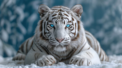 Fototapeta premium White tiger with blue eyes , laying down taking professional photo.