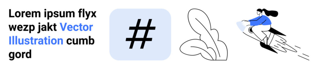 Obraz premium Woman riding rocket forward, abstract metadata tag and plant elements. Ideal for innovation, social media, progress, growth, creativity, motivation, simple landing page