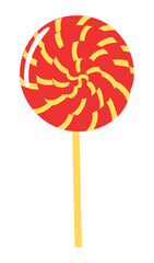 Lollipop candy with spiral pattern hand drawn illustration, isolated vector on transparent. Flat style design. Birthday celebration, festival, carnival, party, anniversary clip art, element