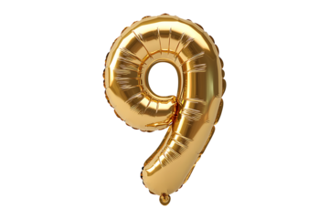 English number 9 made with gold foil balloon isolated on a transparent background