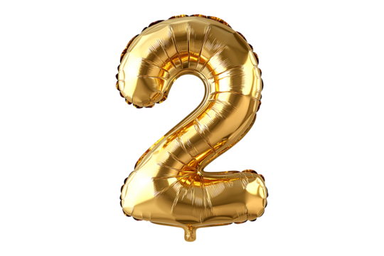 English number 2 made with gold foil balloon isolated on a transparent background