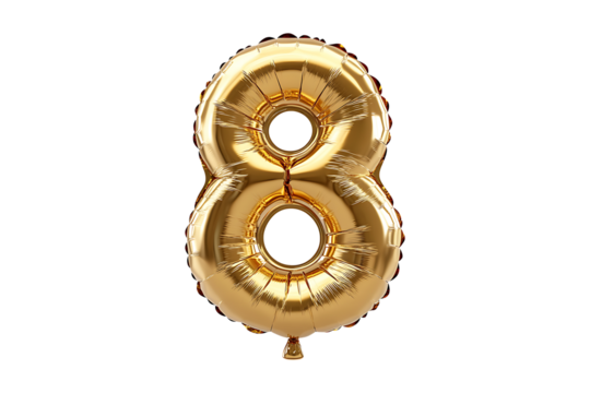 English number 8 made with gold foil balloon isolated on a transparent background