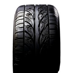 bespoke tyre with engraved designer motifs on sidewall, velvet-black rubber surface, sleek symmetrical treads, artistic lighting with elegant falloff, isolated on transparent background, png cutout