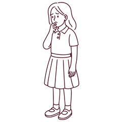 Black and white line drawing of a young girl in school uniform standing with one hand on chin, representing confusion, thinking or emotional hesitation