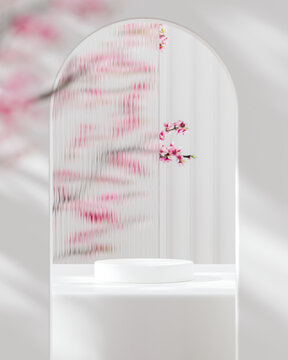 Minimalist White Podium with Blurred Cherry Blossoms for Elegant Product display 3d render