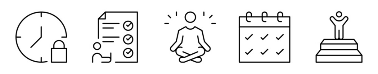 Conjunto de iconos de disciplina. Constancia, cumplimiento y enfoque. Control del tiempo, seguimiento de tareas, equilibrio mental, hábitos diarios, logro personal. Ilustración vectorial