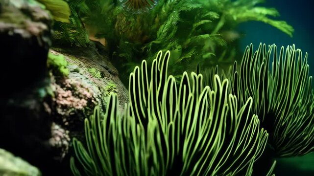 Underwater invertebrate hydrozoan jellyfish floating among bright green aquatic mossy plants in a serene freshwater environment.