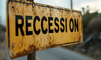Rustic yellow sign with the word "Recession" in bold black letters, conveying economic downturn and financial challenges, evoking a sense of anxiety.