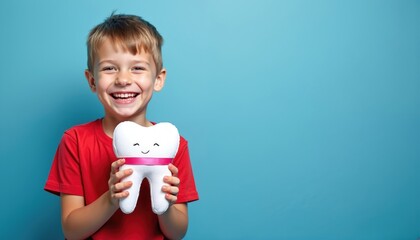 Happy boy smiles, holds plush tooth against blue background. Oral hygiene concept, kid shows healthy teeth. Dental health, pediatric dentistry, caries prevention. Ideal for dentist, dental clinic,