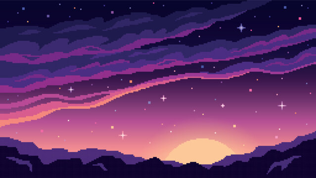A mesmerizing pixel art depiction of a stunning sunset filled with colorful clouds and twinkling stars in the night sky. Fantasy background for computer game. 8 bit retro style vector illustration