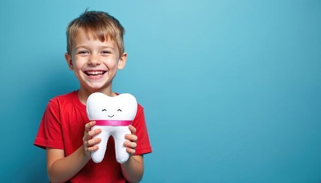 Happy boy smiles, holds plush tooth against blue background. Oral hygiene concept, kid shows healthy teeth. Dental health, pediatric dentistry, caries prevention. Ideal for dentist, dental clinic, - Powered by Adobe