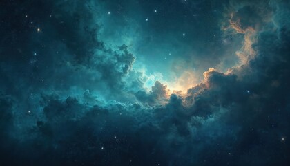 Fototapeta premium Cosmic illustration celestial bodies, nebulae, galaxies. Stars shine bright amid interstellar clouds. Deep space concept, cosmic design, abstract background with planets, milky way. Visualization of