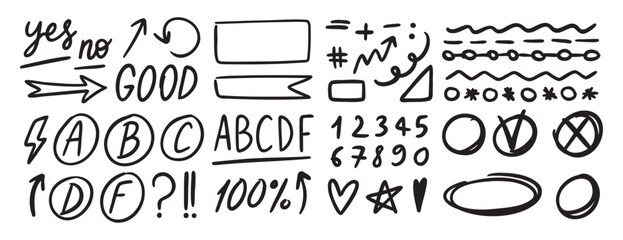 Grading hand drawn doodle set elements for school. Knowledge testing marks. grades results, frame accent line, plus and minus signs, check mark and cross mark, underlines, arrows. 