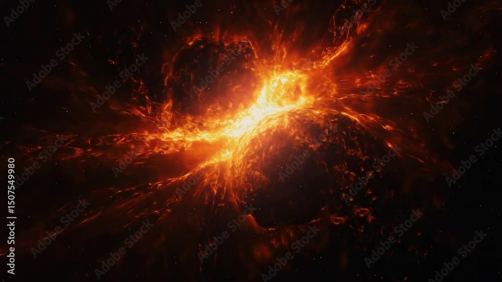 Poster Celestial Firestorm: An abstract representation of a fiery celestial event, a vibrant display of cosmic energy, a stellar explosion swirling in the vast darkness of space.