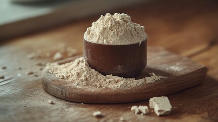 Fototapeta premium Heap of Chocolate Protein Powder on Wooden Cutting Board