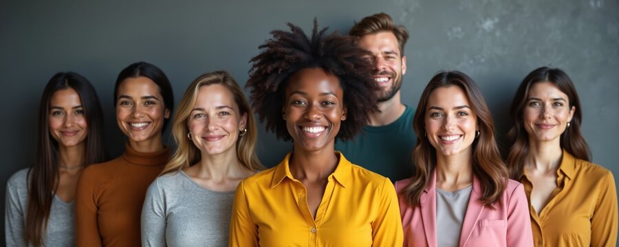 Diverse group smiling professionals. Teamwork, collaboration, recruitment concept. Happy people against dark background. Corporate business, staffing solutions, HR services. Onboarding, workplace,