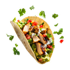close-up of a taco filled with grilled chicken, splashes of salsa, guacamole, and sour cream bursting around, fresh cilantro leaves flying, isolated on transparent background, png cutout