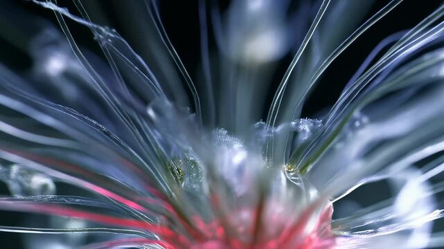 Close-up of a translucent hydroid colony with tentacle-like structures and reddish center, in a dark environment.