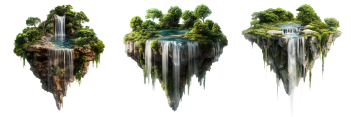 Set of Floating island with green grassy surface, cliffs, and small streams forming waterfalls into a bright blue ocean, photographed in high-resolution on transparent png background. Ai generated