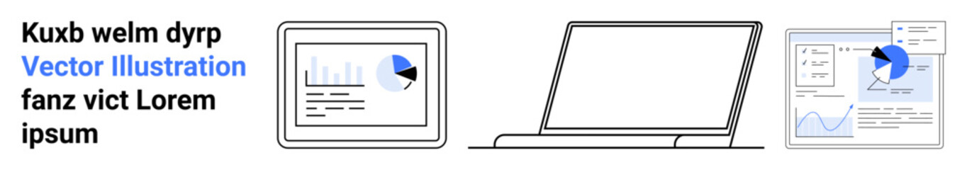Tablet, laptop, and documents displaying charts, pie diagrams, and graphs. Ideal for analytics, business tools, data presentation, reporting education infographics simple landing page