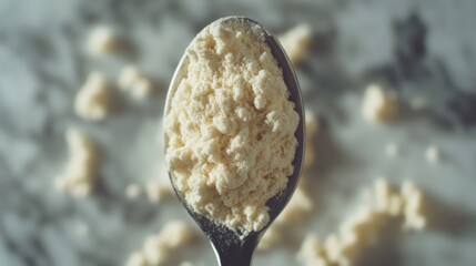 Obraz premium Measuring spoon filled with vanilla protein powder