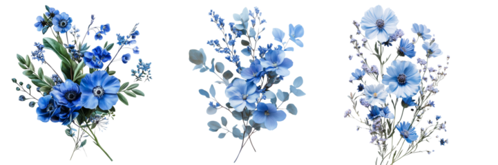 Set of Macro photograph of a blue floral bouquet with peonies and forget-me-nots on transparent png background. Ai generated